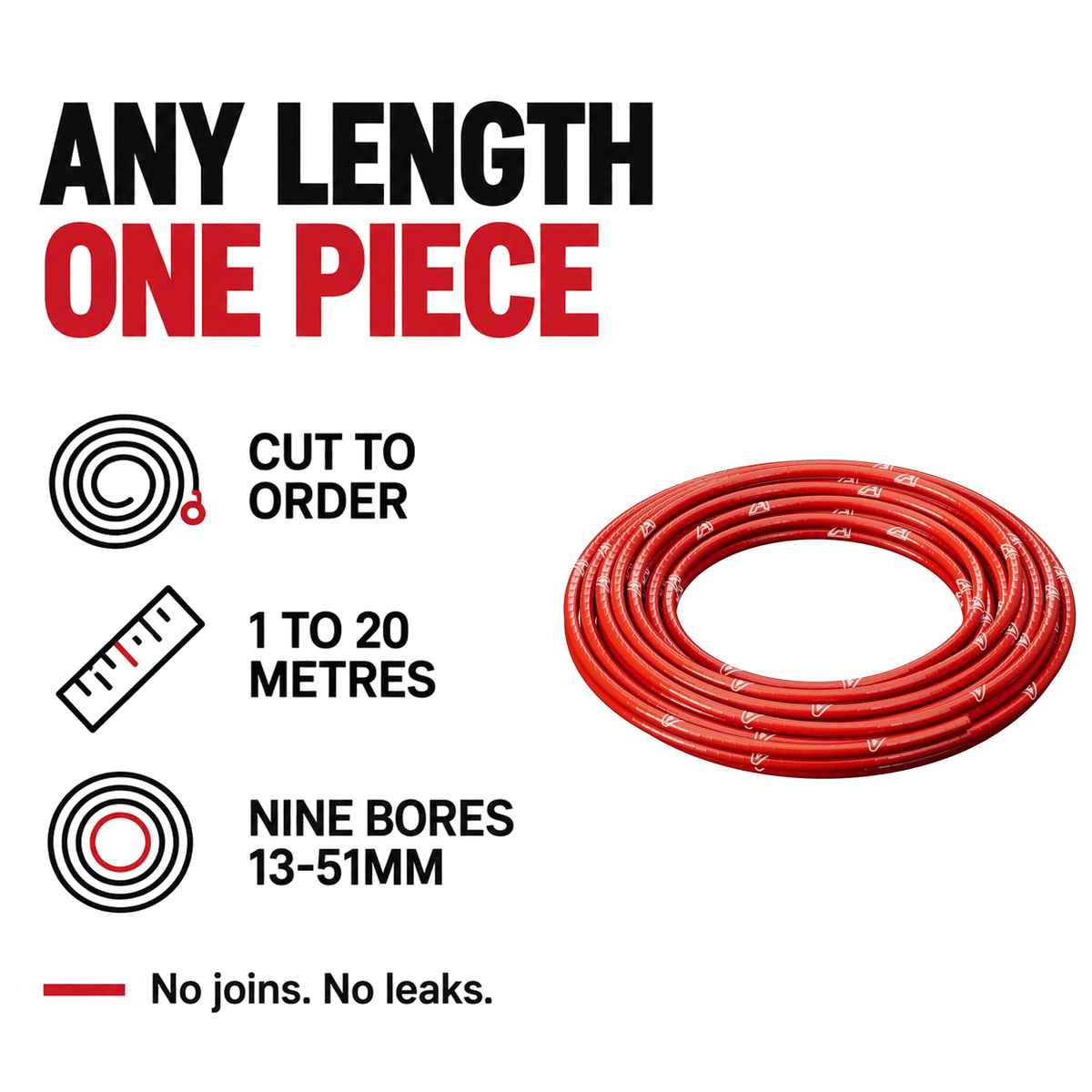 Continuous Silicone Hose - Red - Any length in one piece - cut to order, 1 to 20 metres