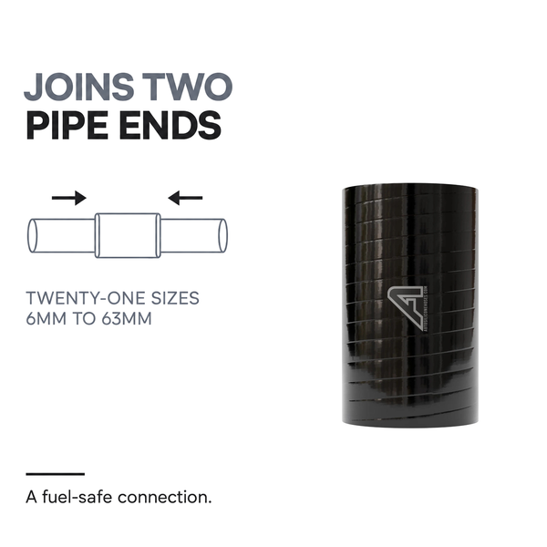 Silicone Fluoro Coupler Hose - Black - Joins two pipe ends - twenty-one sizes, 6mm to 63mm