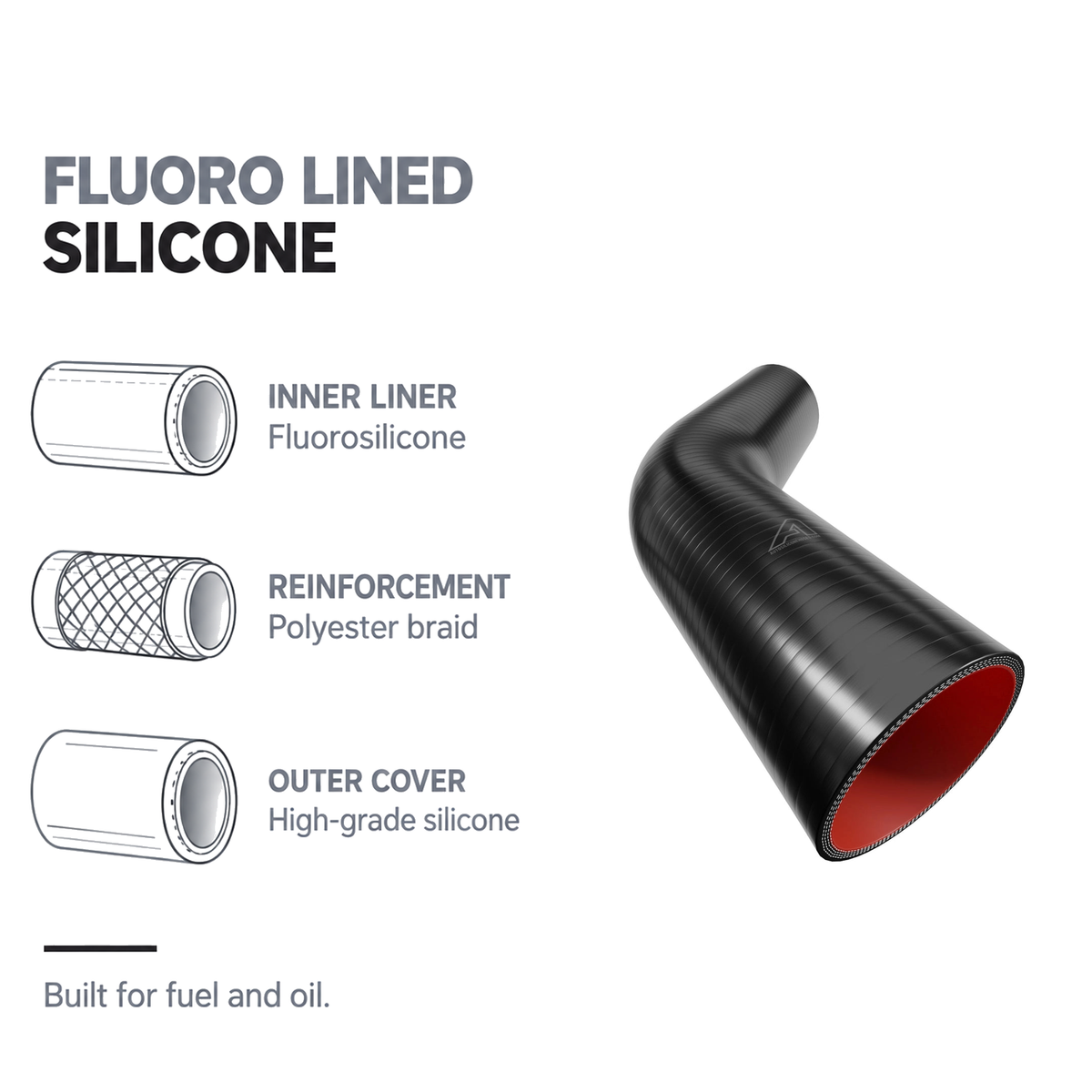 45 Degree Fuel & Oil Silicone Elbow - Black - Fluoro lined silicone - fluorosilicone liner, polyester braid