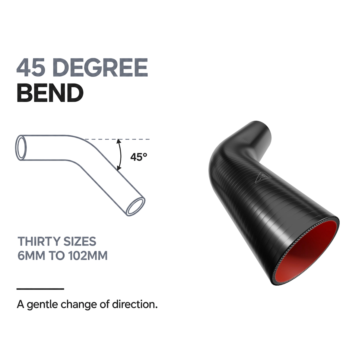 45 Degree Fuel & Oil Silicone Elbow - Black - 45 degree bend - thirty sizes, 6mm to 102mm