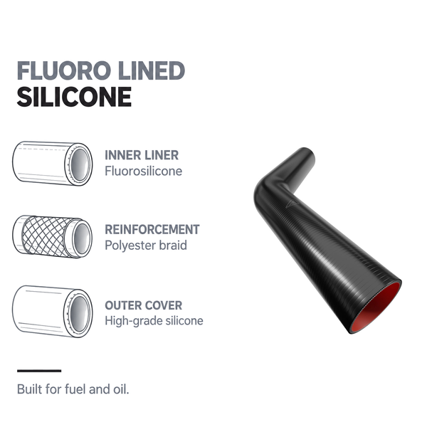 45 Degree Fuel & Oil Silicone Long Leg Elbow - Black - Fluoro lined silicone - fluorosilicone liner, polyester braid
