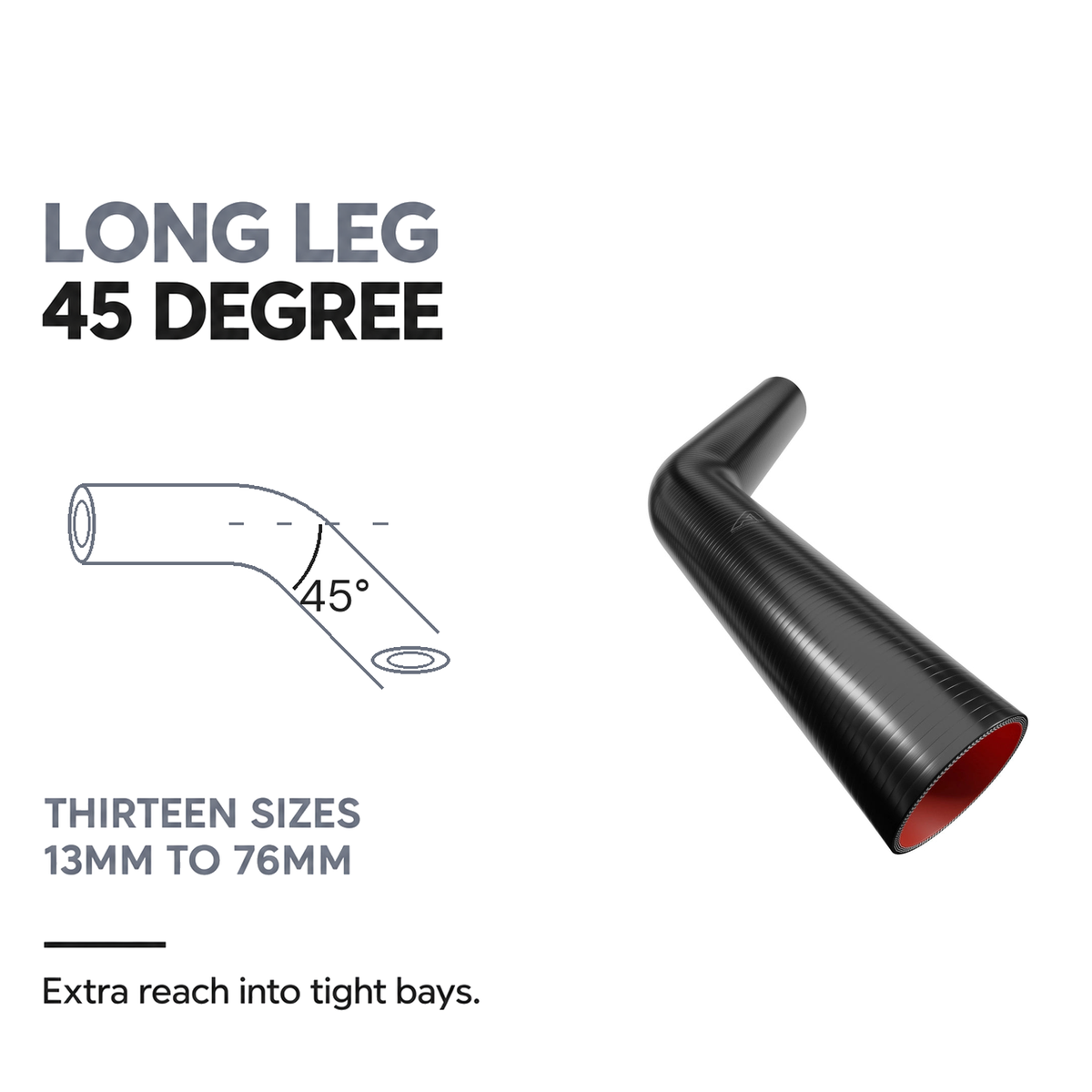 45 Degree Fuel & Oil Silicone Long Leg Elbow - Black - 45 degree long leg - thirteen sizes, 13mm to 76mm