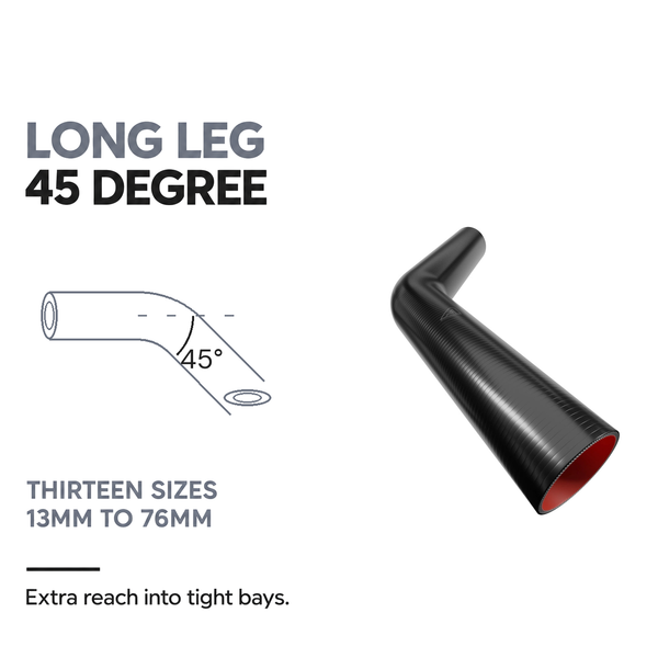 45 Degree Fuel & Oil Silicone Long Leg Elbow - Black - 45 degree long leg - thirteen sizes, 13mm to 76mm