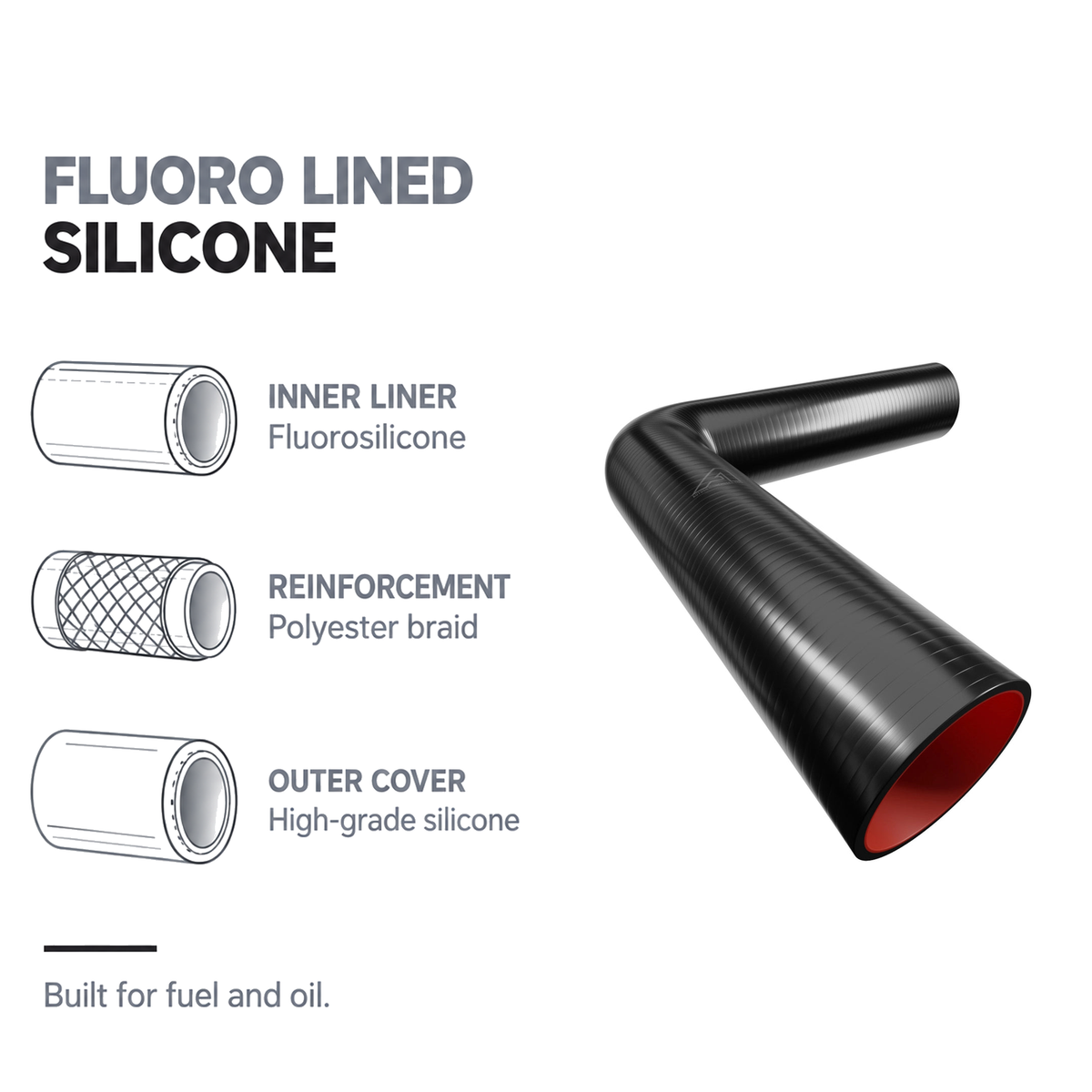 90 Degree Fuel & Oil Silicone Long Leg Elbow - Black - Fluoro lined silicone - fluorosilicone liner, polyester braid