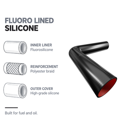 90 Degree Fuel & Oil Silicone Long Leg Elbow - Black - Fluoro lined silicone - fluorosilicone liner, polyester braid
