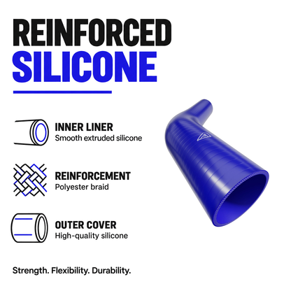 45 Degree Reducing Silicone Elbow Hose - Blue - Reinforced silicone construction - polyester braid, smooth inner liner