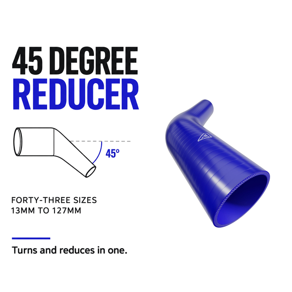 45 Degree Reducing Silicone Elbow Hose - Blue - 45 degree reducing bend - forty-three sizes, 13mm to 127mm