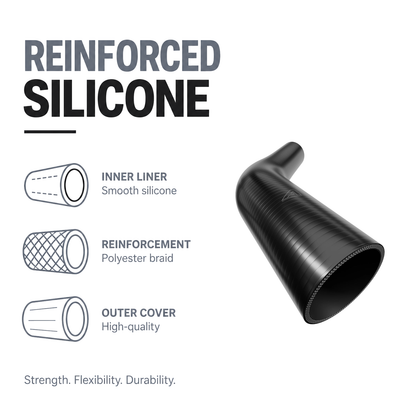 45 Degree Reducing Silicone Elbow Hose - Black - Reinforced silicone construction - polyester braid, smooth inner liner
