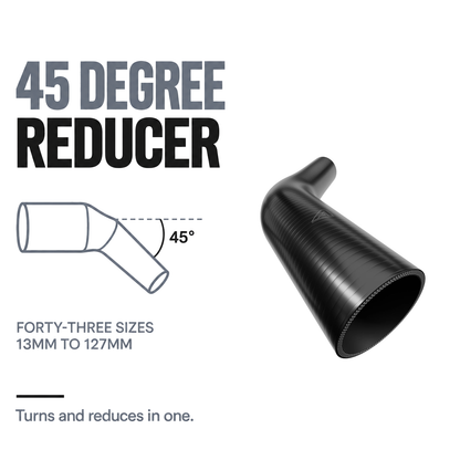 45 Degree Reducing Silicone Elbow Hose - Black - 45 degree reducing bend - forty-three sizes, 13mm to 127mm