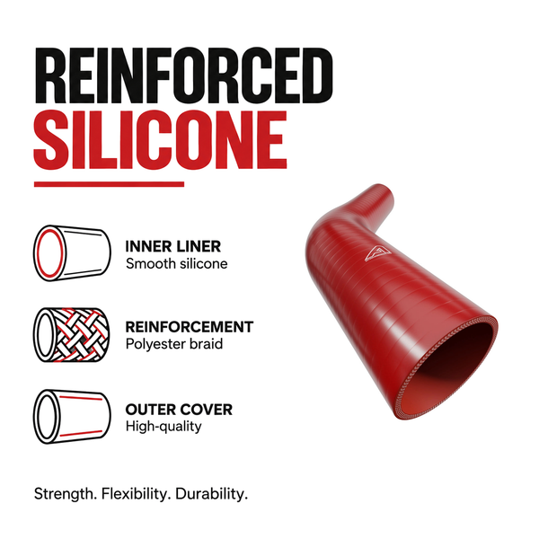 45 Degree Reducing Silicone Elbow Hose - Red - Reinforced silicone construction - polyester braid, smooth inner liner