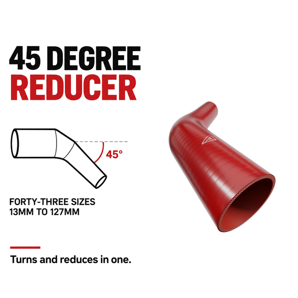 45 Degree Reducing Silicone Elbow Hose - Red - 45 degree reducing bend - forty-three sizes, 13mm to 127mm