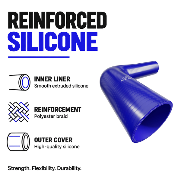 90 Degree Reducing Silicone Elbow Hose - Blue - Reinforced silicone construction - polyester braid, smooth inner liner