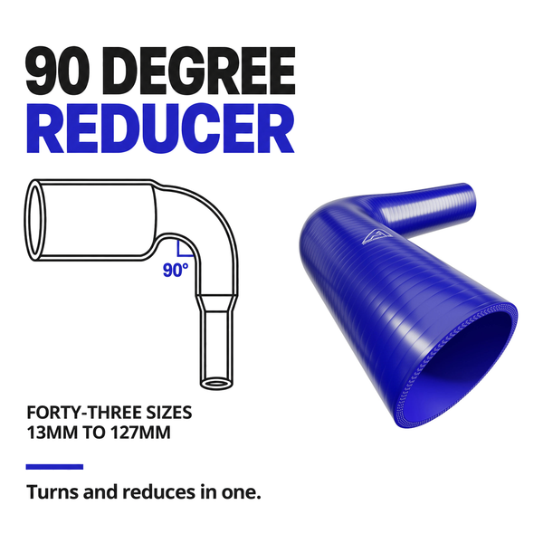 90 Degree Reducing Silicone Elbow Hose - Blue - 90 degree reducing bend - forty-three sizes, 13mm to 127mm