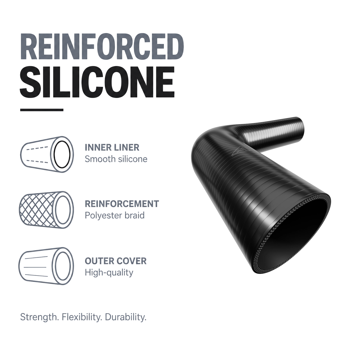 90 Degree Reducing Silicone Elbow Hose - Black - Reinforced silicone construction - polyester braid, smooth inner liner
