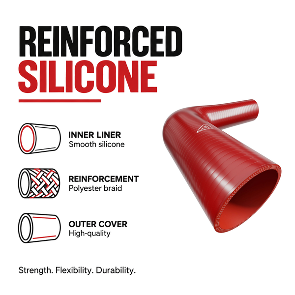 90 Degree Reducing Silicone Elbow Hose - Red - Reinforced silicone construction - polyester braid, smooth inner liner