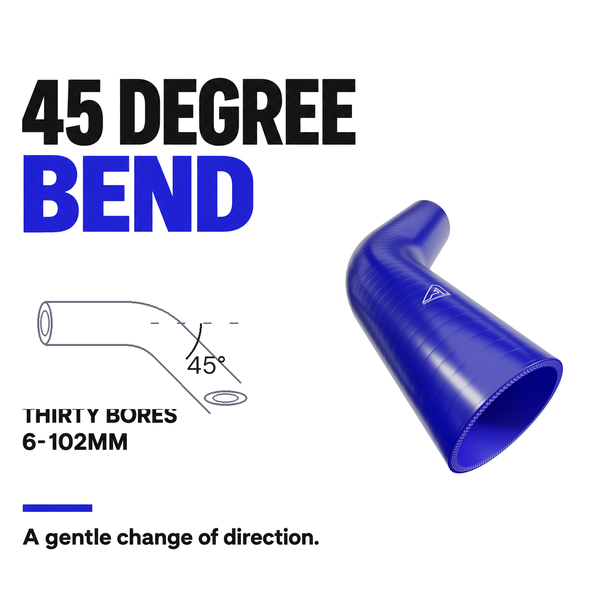 45 Degree Silicone Elbow Hose - Blue - 45 Degree bend - thirty bores, 6-102mm