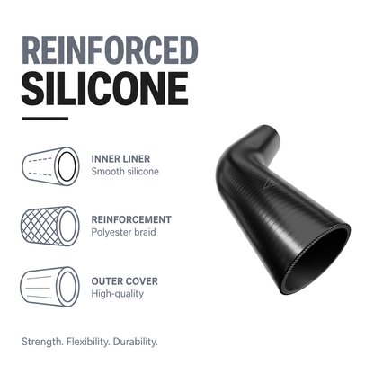 45 Degree Silicone Elbow Hose - Black - Reinforced silicone construction - polyester braid, smooth inner liner