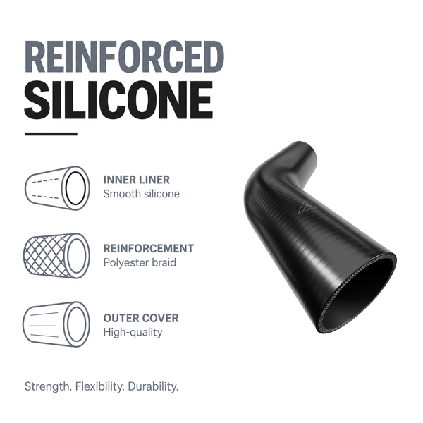 45 Degree Silicone Elbow Hose - Black - Reinforced silicone construction - polyester braid, smooth inner liner