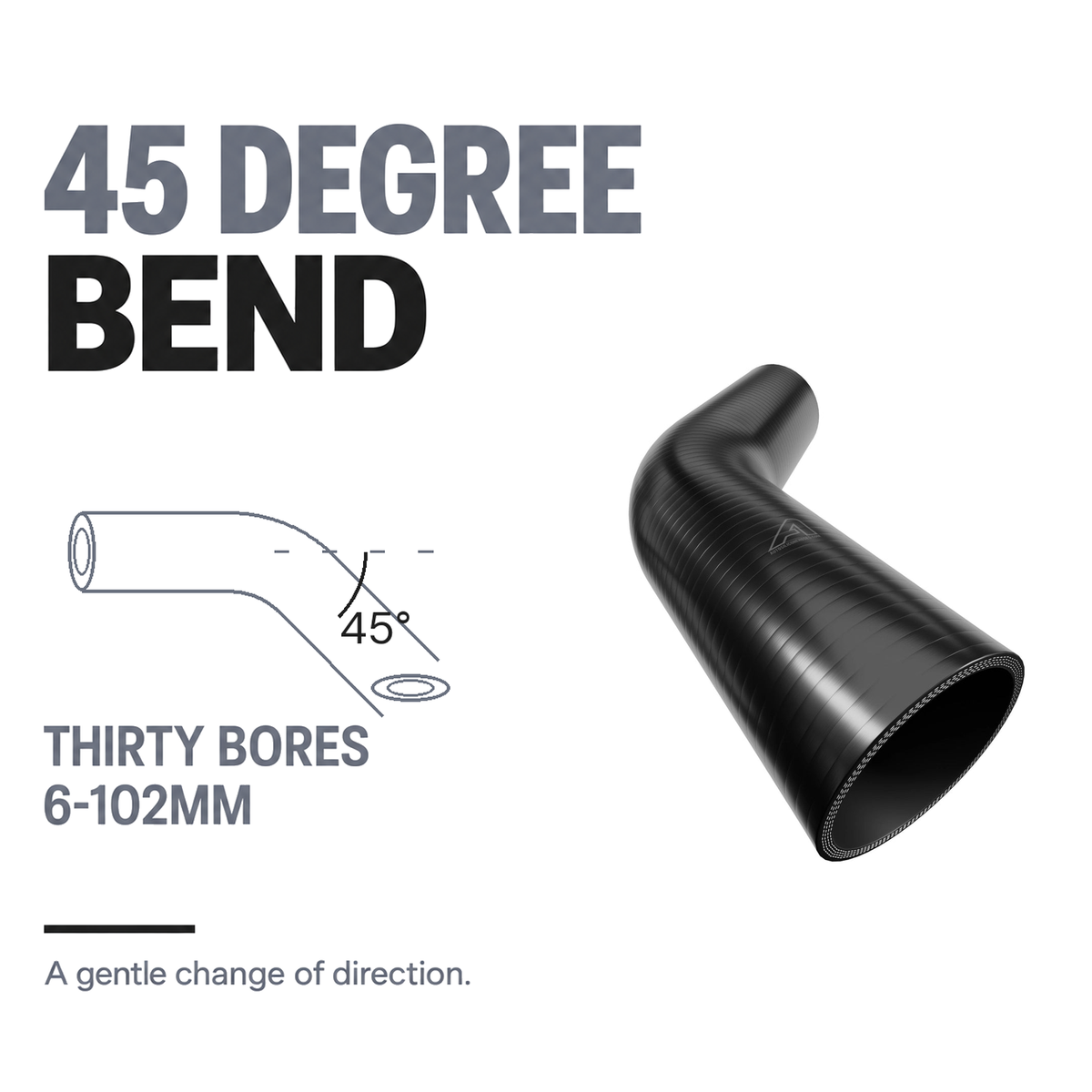 45 Degree Silicone Elbow Hose - Black - 45 Degree bend - thirty bores, 6-102mm