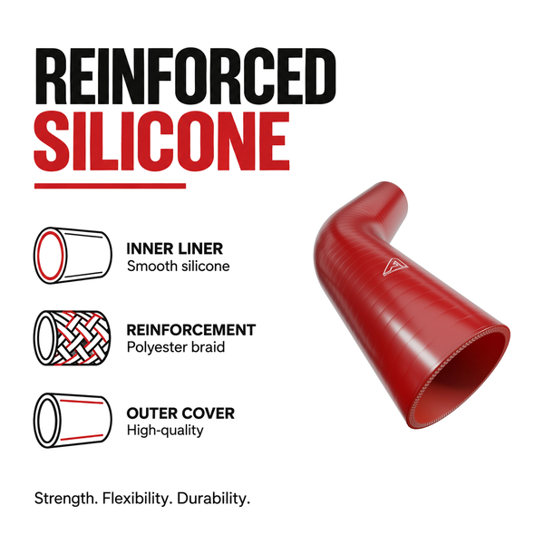 45 Degree Silicone Elbow Hose - Red - Reinforced silicone construction - polyester braid, smooth inner liner