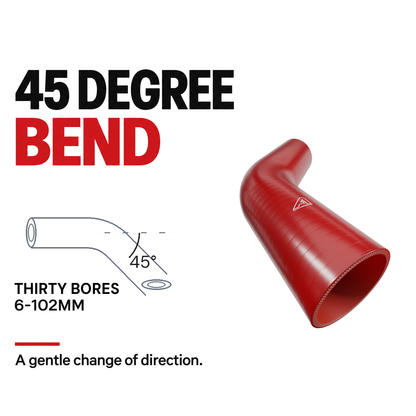 45 Degree Silicone Elbow Hose - Red - 45 Degree bend - thirty bores, 6-102mm