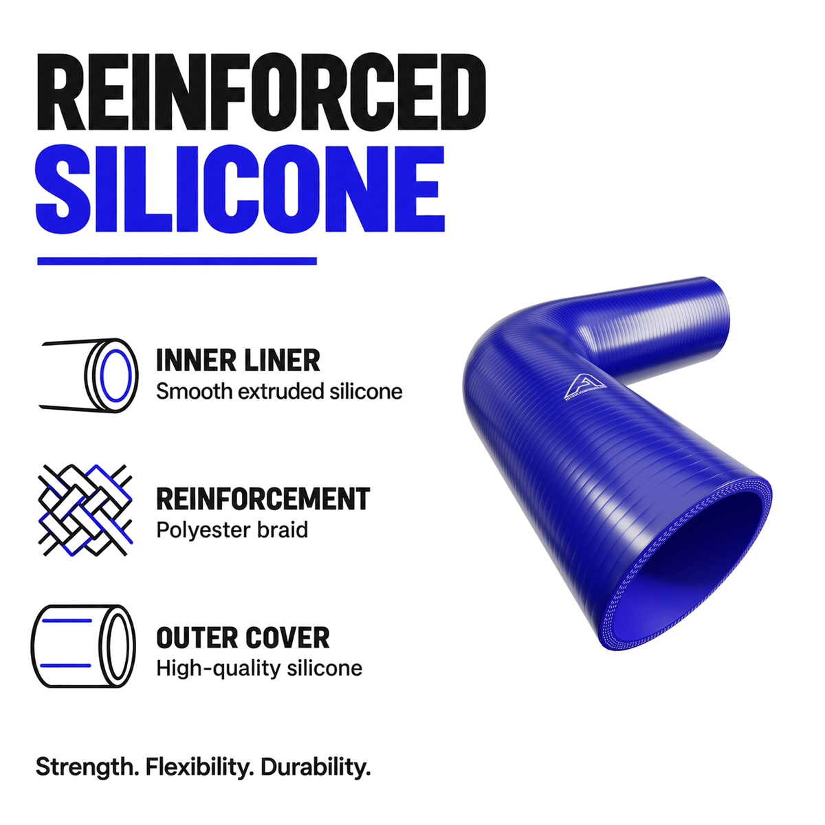 90 Degree Silicone Elbow Hose - Blue - Reinforced silicone construction - polyester braid, smooth inner liner