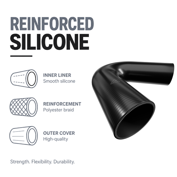 135 Degree Silicone Elbow Hose - Black - Reinforced silicone construction - polyester braid, smooth inner liner