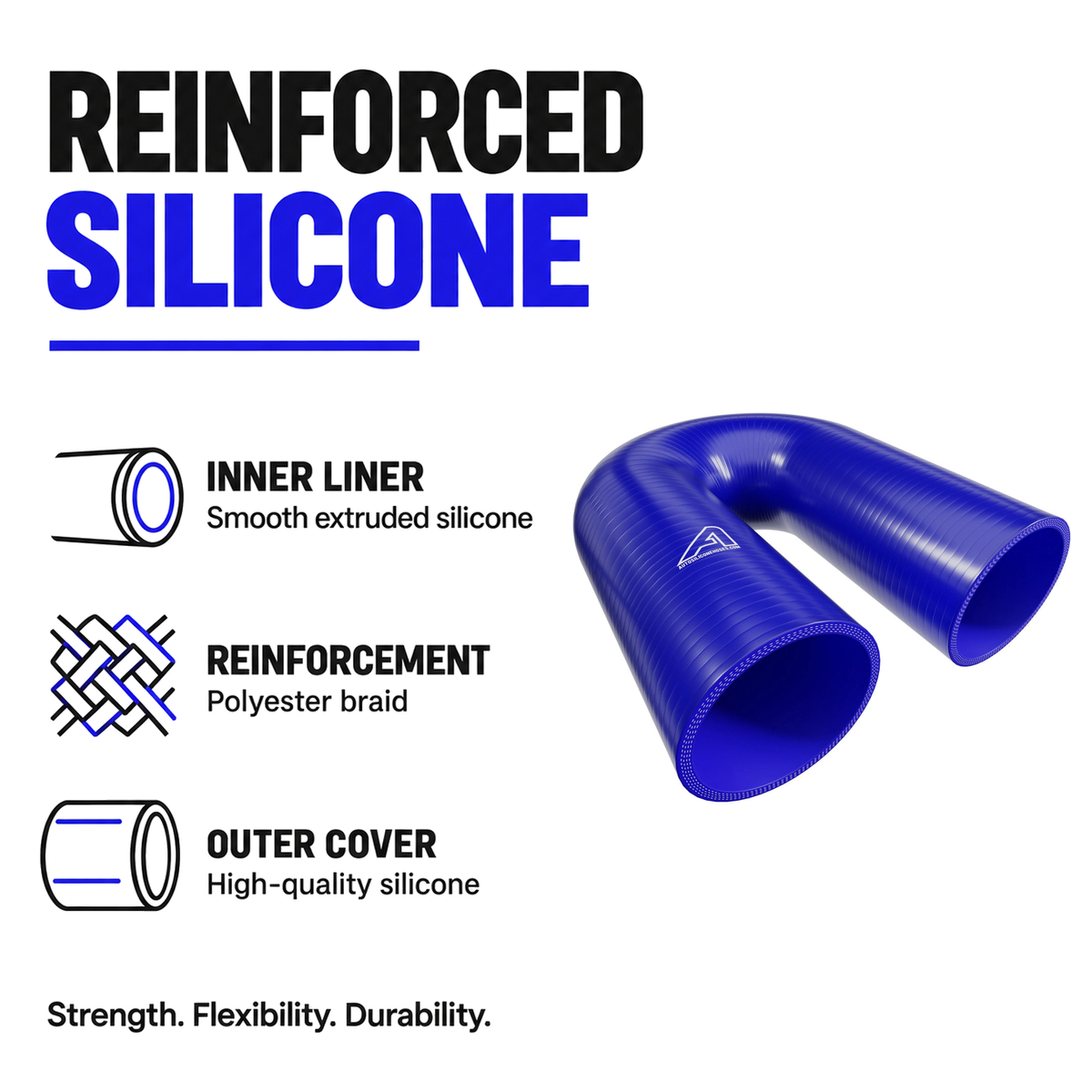 180 Degree Silicone Elbow Hose - Blue - Reinforced silicone construction - polyester braid, smooth inner liner