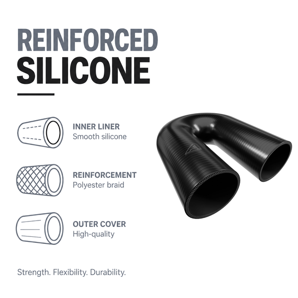 180 Degree Silicone Elbow Hose - Black - Reinforced silicone construction - polyester braid, smooth inner liner