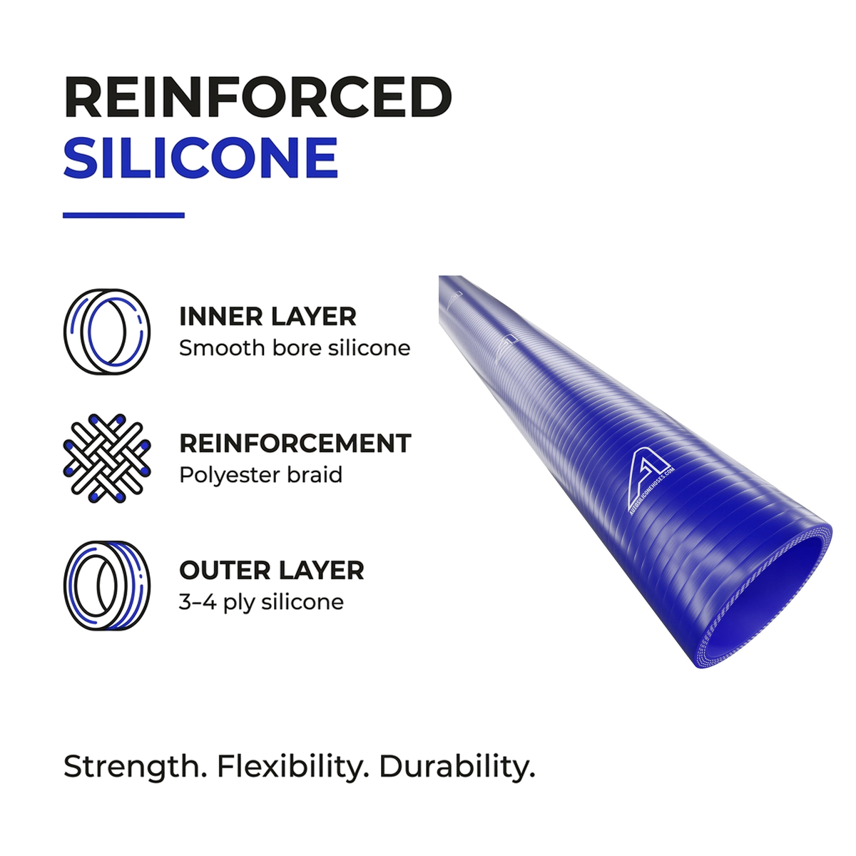 1 Metre Straight Silicone Hose - Blue - Reinforced silicone construction - smooth bore, polyester braid